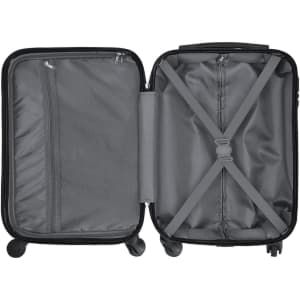 A wheeled bag with a grey interior, featuring zip pockets and adjustable straps for securing contents.