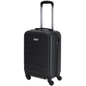 A black wheeled bag with a textured exterior, featuring a retractable handle and four wheels for easy manoeuvrability.