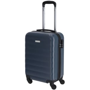 A grey wheeled bag with a smooth surface, featuring a retractable handle and four wheels for easy mobility.