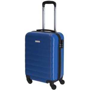 A blue wheeled trolley bag with a hard shell, extendable handle, and four wheels for easy manoeuvring.