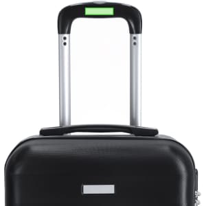 A black wheeled bag with a silver extendable handle and a logo on the front.