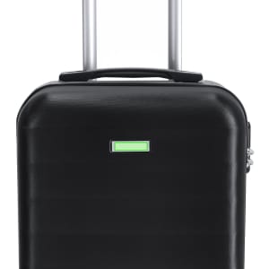 A black wheeled bag with a retractable handle and a logo on the front.