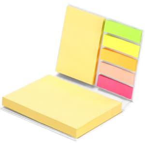 A sticky notepad featuring a large yellow pad and coloured sticky flags in pink, orange, green, and yellow. Includes branding.