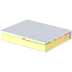 A sticky notepad with a white cover and yellow notes, featuring multi-coloured flags on the side.
