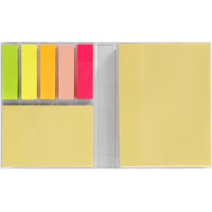 A set of sticky notepads in yellow, green, orange, pink, and red, featuring a transparent holder.