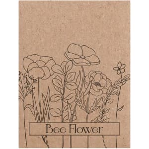 A brown seed packet featuring line drawings of various flowers, labelled "Bee Flower." It has a simple, natural design.