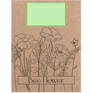 A packet of seeds with a brown paper design featuring illustrated flowers and green details. It has a branding logo.