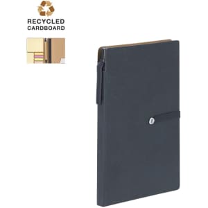 A dark blue sticky notepad with a sleek cover and an elastic closure. It features a logo and a recycled materials badge.