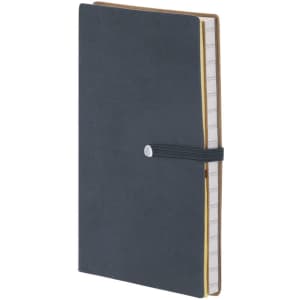 A navy blue sticky notepad with an elastic closure and a contrasting inner lining. Features a logo on the cover.