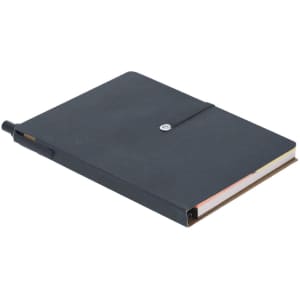 A dark blue notepad with a pen attached, featuring a secure closure. Ideal for note-taking or office use.