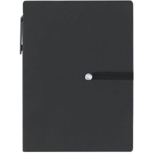 A black sticky notepad with an elastic band and a pen holder. Features a simple, sleek design and a logo.