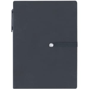 A dark grey sticky notepad with an elastic band closure and a small metal button. It features a logo on the cover.