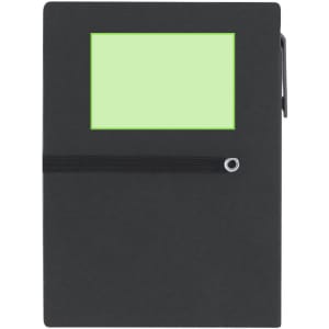 A black sticky notepad with a green note section and an elastic band for closure, featuring a logo.
