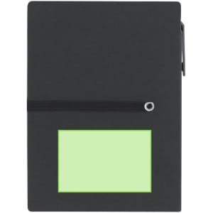 A black sticky notepad with a green note section and an elastic band closure. It features a logo on the front.