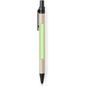 A black pen with a natural kraft barrel and a green highlight area for branding.
