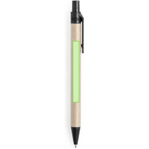 A pen with a natural kraft barrel and a green accent area, featuring a black clip and tip.