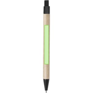 A pen with a natural kraft body and a green accent strip, featuring a black tip and retractable design.