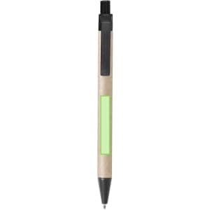 A ballpoint pen with a natural kraft body and a green accent, featuring a clip and black writing tip.