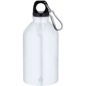 A drink bottle in silver stainless steel with a black cap and a carabiner attachment.