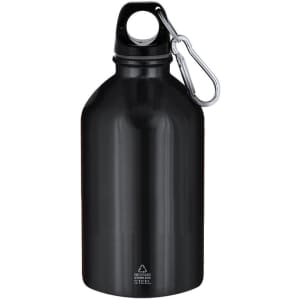 A drink bottle made of stainless steel, featuring a black finish and a silver carabiner for easy attachment.