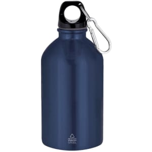 A drink bottle in navy blue stainless steel, featuring a black cap and a clip attachment. It has a logo on the side.