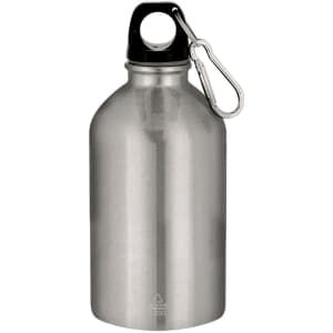 A drink bottle in stainless steel with a black cap and a carabiner attached. It features a branding logo.