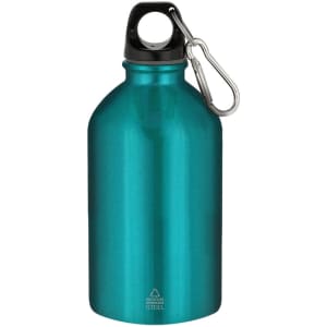 A drink bottle in a shiny teal colour with a black cap and a carabiner attached. Features a logo on the base.