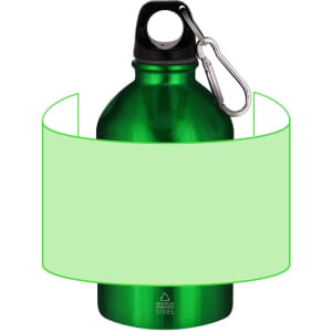 A drink bottle in vibrant green metal, featuring a black cap and a carabiner for easy attachment.