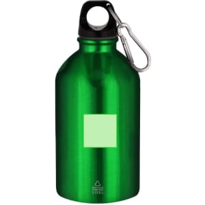 A drink bottle in vibrant green with a carabiner and a blank space for customisation. It features a branding logo.