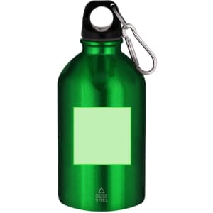 A drink bottle made of stainless steel, featuring a shiny green finish and a black cap with a carabiner.