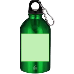 A drink bottle in vibrant green with a black cap and a carabiner. It features a blank area for branding.