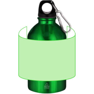 A green drink bottle with a black lid and a carabiner attachment. It features a smooth, cylindrical design.