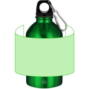 A drink bottle in vibrant green with a metal carabiner and a circular overlay. It has a sleek, rounded design.