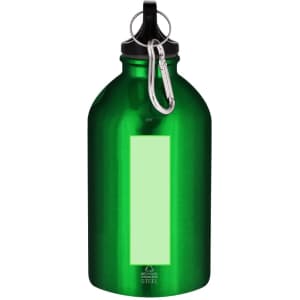 A drink bottle in shiny green, featuring a metal hook and a logo on the front.