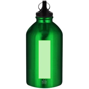 A drink bottle in vibrant green with a black lid and a prominent empty label area. It features a logo on the body.