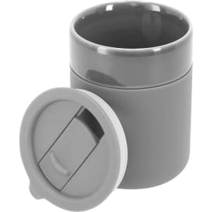 A grey travel mug with a lid, featuring a smooth finish and a logo on the side.