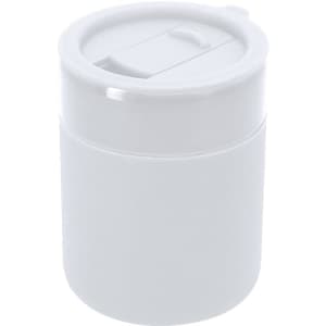 A drink bottle in white with a spill-proof lid and a logo. Suitable for travel and beverages on the go.