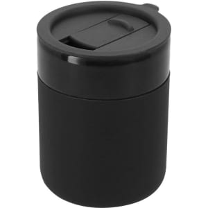 A travel mug in matte black with a secure lid and a logo on the body. Ideal for on-the-go beverages.