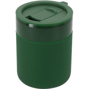 A green travel mug with a cylindrical shape and a secure lid featuring a sliding opening.