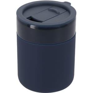 A travel mug in navy blue with a secure lid and a slider opening, featuring a logo.