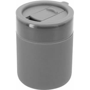 A drink bottle with a grey exterior and a sliding lid, featuring a logo on the side.