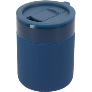 A drink bottle featuring a solid blue design with a sealed lid and a sliding opening mechanism. It has a logo on it.