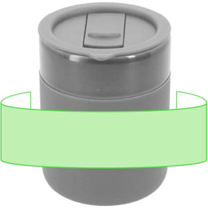 A drink bottle in grey with a lid and a logo, designed for travel and convenience.
