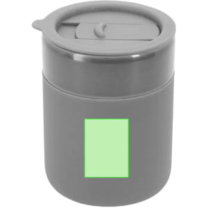 A drink bottle in grey with a lid and a large green area, featuring a logo. Ideal for travel and outdoor use.