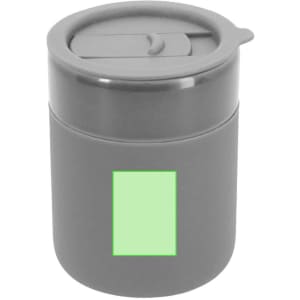 A drink bottle in grey with a lid, featuring a logo and a green rectangular space on the front.