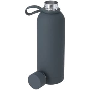 A drink bottle in a dark grey colour with a metallic top and a matching lid. It features a small handle.