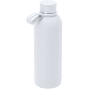 A drink bottle in a sleek white design with a lid and a handle. It features a logo.