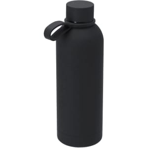 A drink bottle in a sleek black finish with a secure lid and a convenient carrying loop.