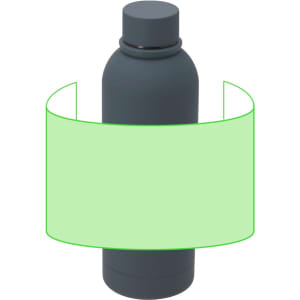 A drink bottle in dark grey featuring a smooth design and a round cap, with a branding logo present.