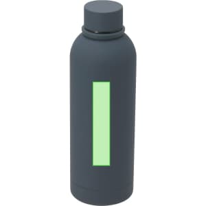 A drink bottle in dark grey with a glowing green accent and a lid. It features a branding logo.